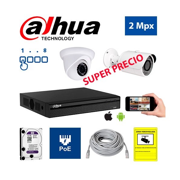 Diseña tu Kit de Videovigilancia IP PoE Económico Dahua de 2 Mpx a medida